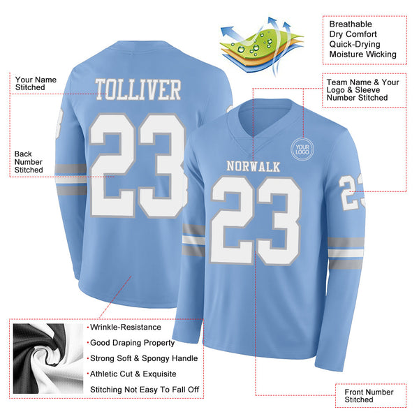 Custom Light Blue White-Gray Long Sleeve Authentic Football Jersey alternate