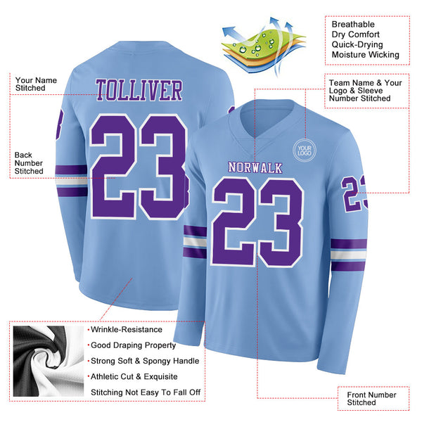 Custom Light Blue Purple-White Long Sleeve Authentic Football Jersey alternate