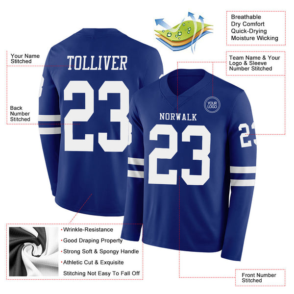 Custom Royal White Long Sleeve Authentic Football Jersey alternate