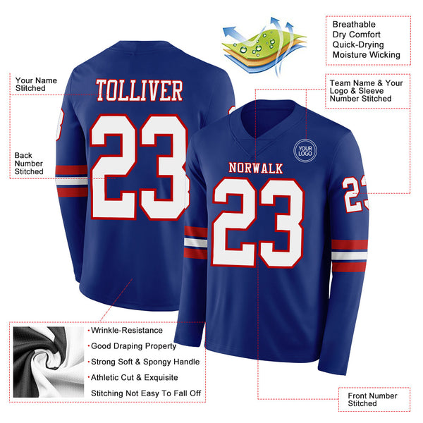 Custom Royal White-Red Long Sleeve Authentic Football Jersey alternate