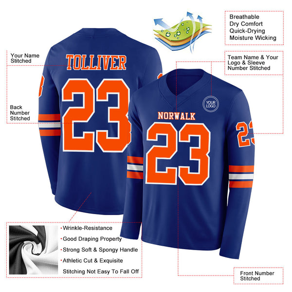Custom Royal Orange-White Long Sleeve Authentic Football Jersey alternate