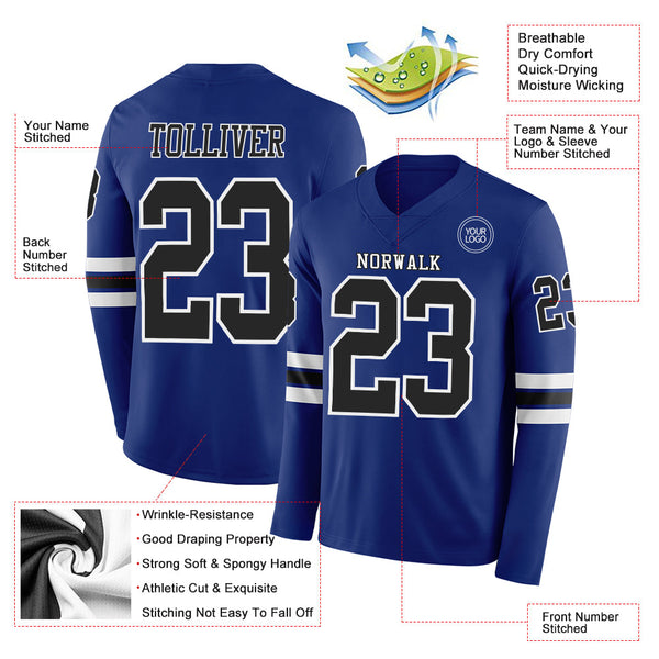 Custom Royal Black-White Long Sleeve Authentic Football Jersey alternate