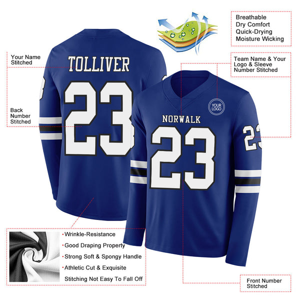Custom Royal White-Black Long Sleeve Authentic Football Jersey alternate