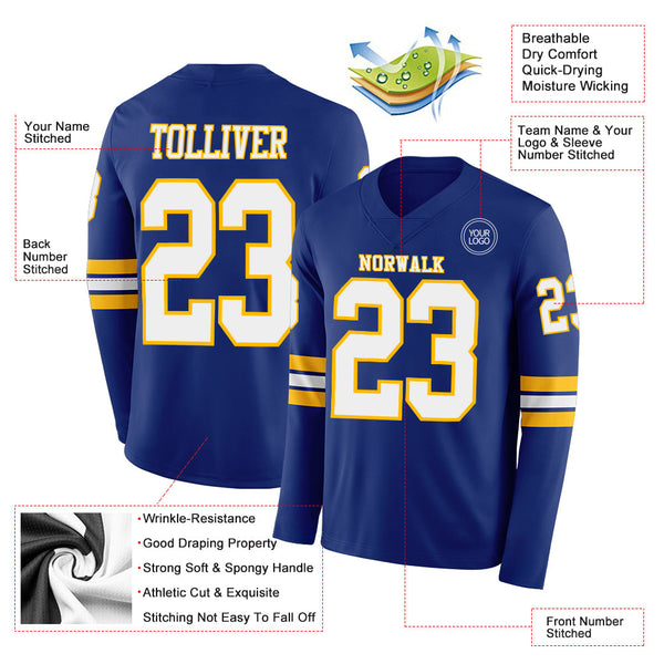 Custom Royal White-Gold Long Sleeve Authentic Football Jersey alternate