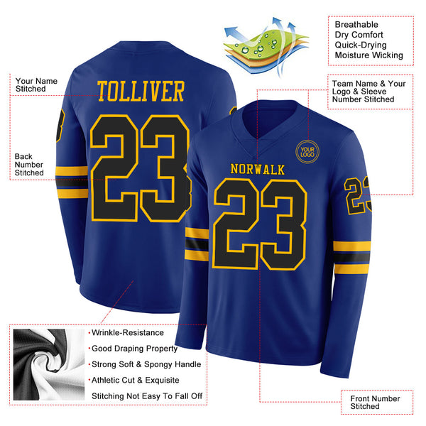 Custom Royal Black-Gold Long Sleeve Authentic Football Jersey alternate