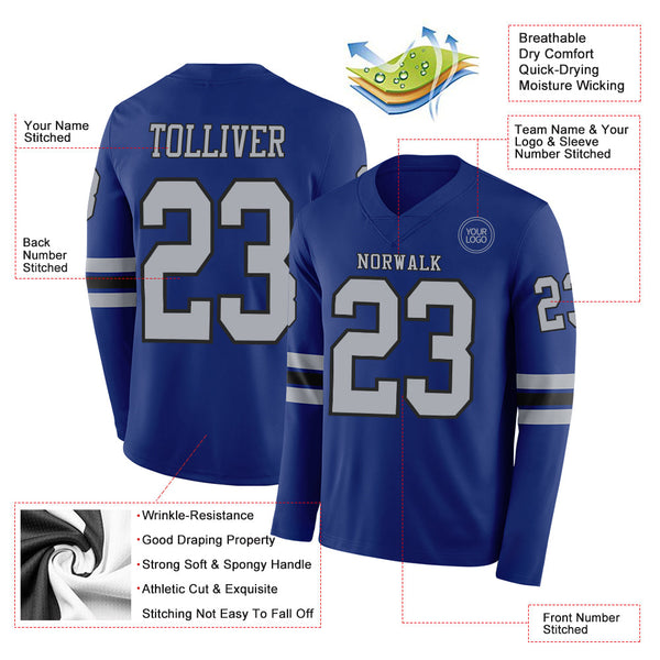 Custom Royal Gray-Black Long Sleeve Authentic Football Jersey alternate
