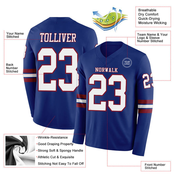 Custom Royal White-Crimson Long Sleeve Authentic Football Jersey alternate