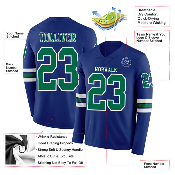 Custom Royal Kelly Green-White Long Sleeve Authentic Football Jersey alternate