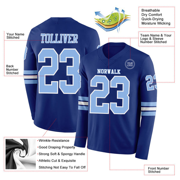 Custom Royal Light Blue-White Long Sleeve Authentic Football Jersey alternate