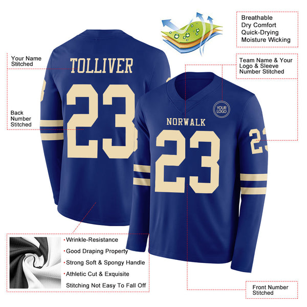 Custom Royal Cream Long Sleeve Authentic Football Jersey alternate
