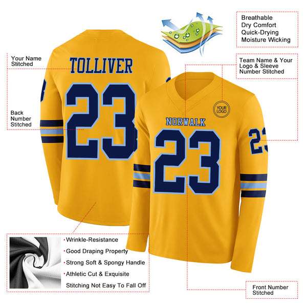 Custom Gold Navy-Light Blue Long Sleeve Authentic Football Jersey alternate