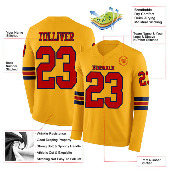 Custom Gold Red-Navy Long Sleeve Authentic Football Jersey alternate