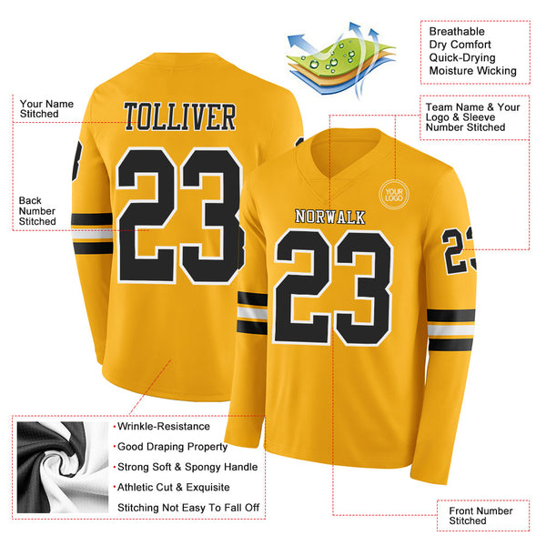 Custom Gold Black-White Long Sleeve Authentic Football Jersey alternate