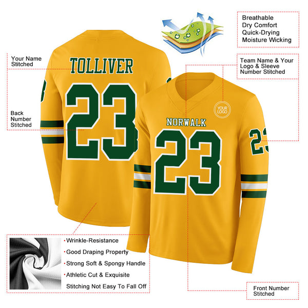 Custom Gold Green-White Long Sleeve Authentic Football Jersey alternate