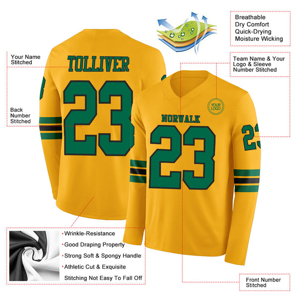 Custom Gold Kelly Green-Black Long Sleeve Authentic Football Jersey alternate