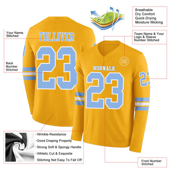 Custom Gold Light Blue-White Long Sleeve Authentic Football Jersey alternate