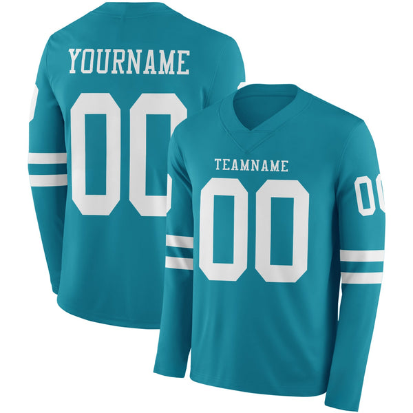 Custom Teal White Long Sleeve Authentic Football Jersey