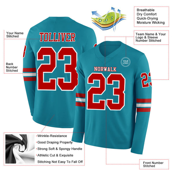 Custom Teal Red-White Long Sleeve Authentic Football Jersey alternate