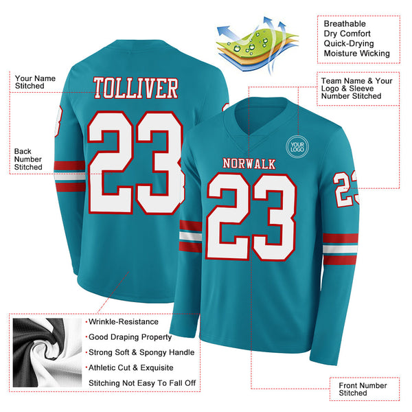 Custom Teal White-Red Long Sleeve Authentic Football Jersey alternate