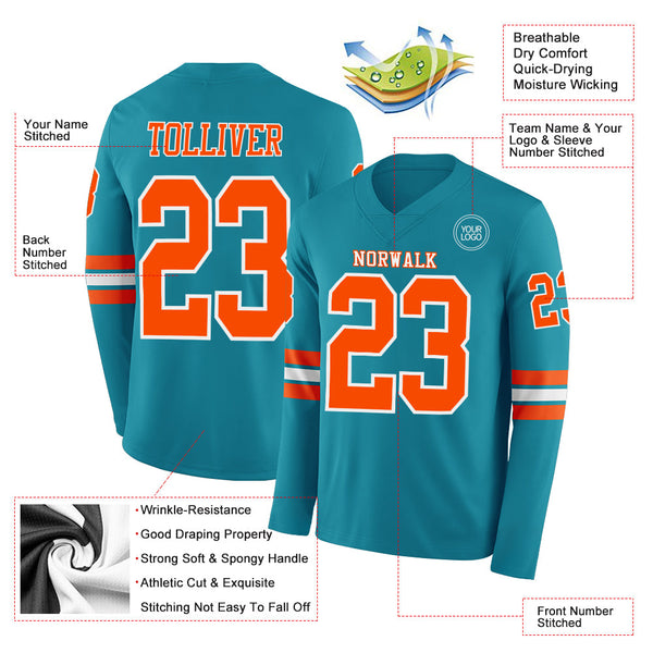 Custom Teal Orange-White Long Sleeve Authentic Football Jersey alternate