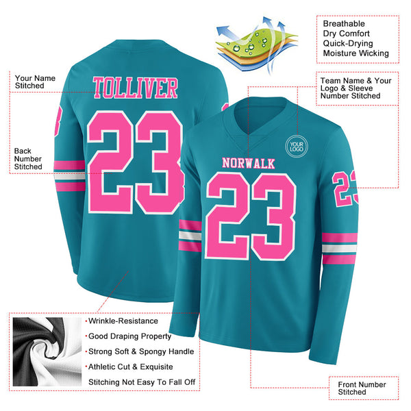 Custom Teal Pink-White Long Sleeve Authentic Football Jersey alternate