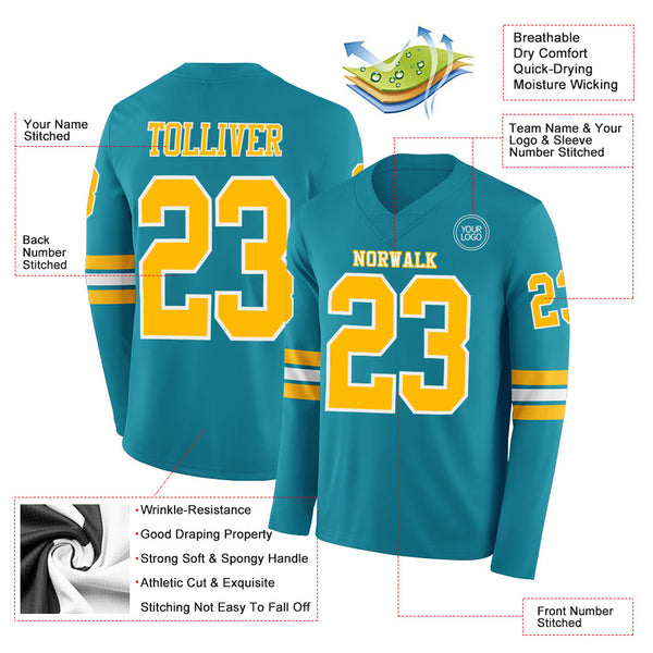 Custom Teal Gold-White Long Sleeve Authentic Football Jersey alternate
