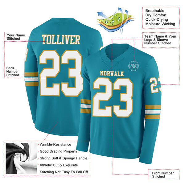 Custom Teal White-Old Gold Long Sleeve Authentic Football Jersey alternate