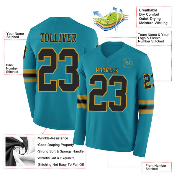 Custom Teal Black-Old Gold Long Sleeve Authentic Football Jersey alternate