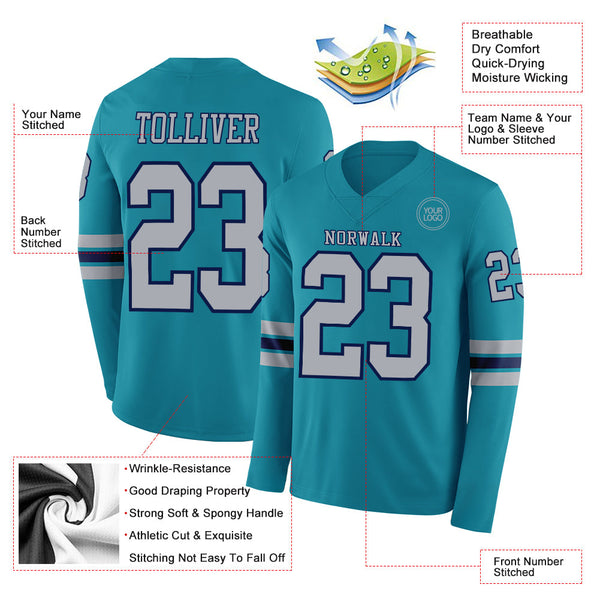 Custom Teal Gray-Navy Long Sleeve Authentic Football Jersey alternate