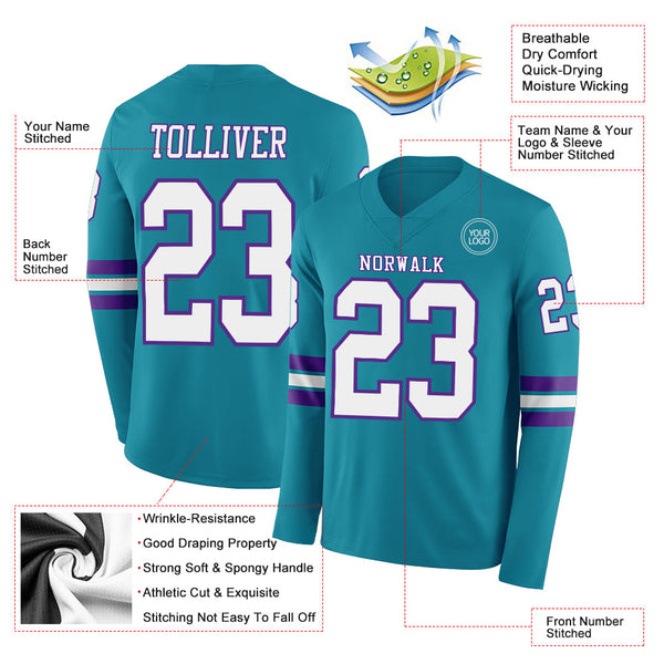 Custom Teal White-Purple Long Sleeve Authentic Football Jersey alternate