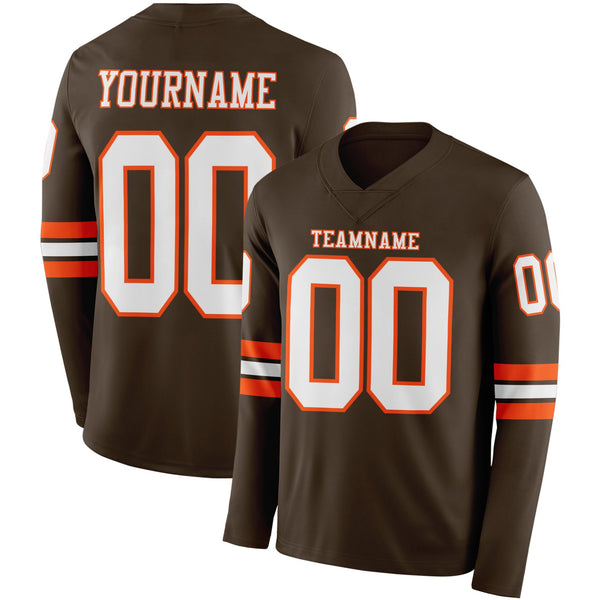 Custom Brown White-Orange Long Sleeve Authentic Football Jersey