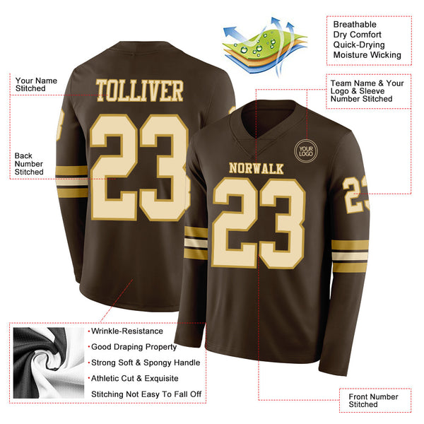 Custom Brown Cream-Old Gold Long Sleeve Authentic Football Jersey alternate