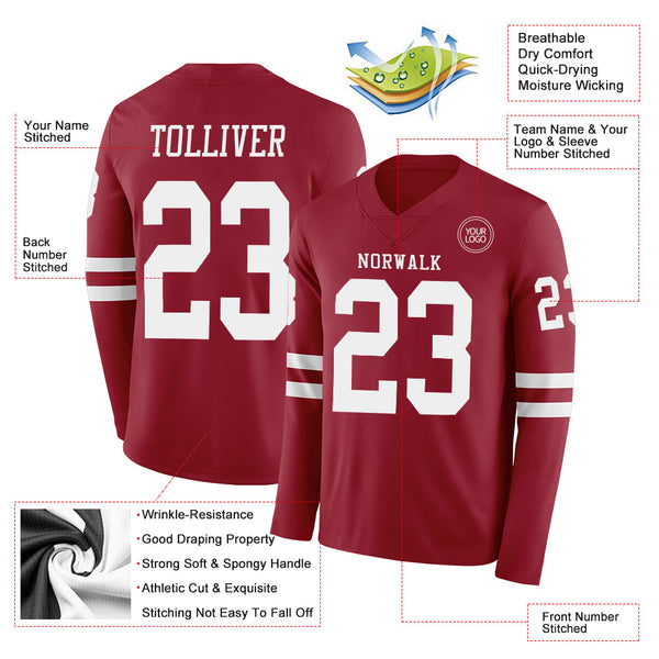 Custom Cardinal White Long Sleeve Authentic Football Jersey alternate