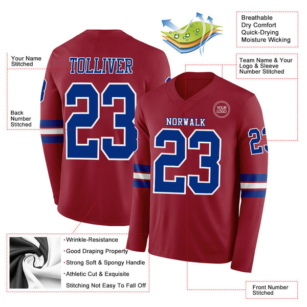 Custom Cardinal Royal-White Long Sleeve Authentic Football Jersey alternate
