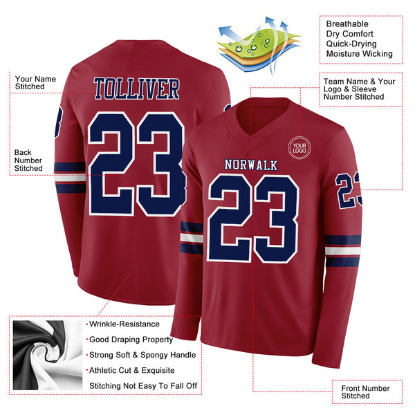 Custom Cardinal Navy-White Long Sleeve Authentic Football Jersey alternate