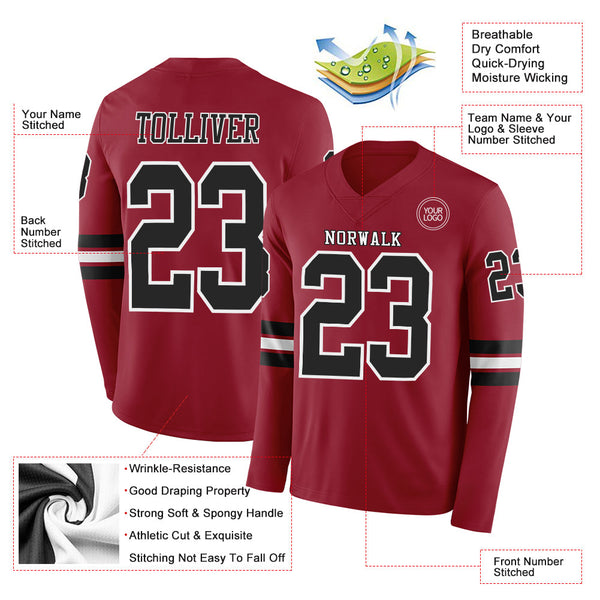 Custom Cardinal Black-White Long Sleeve Authentic Football Jersey alternate
