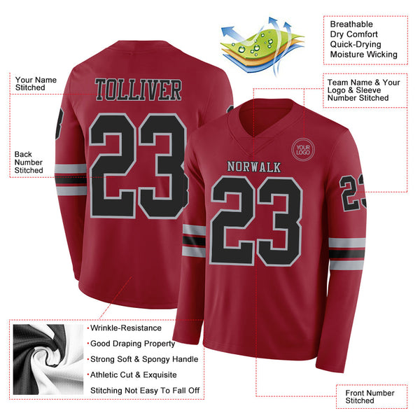Custom Cardinal Black-Gray Long Sleeve Authentic Football Jersey alternate