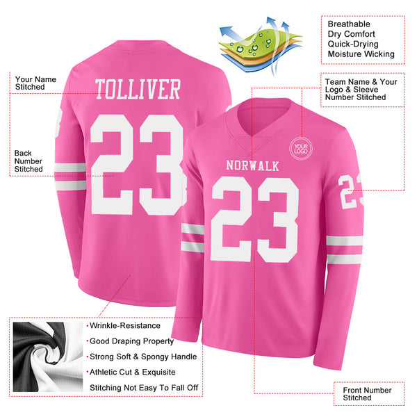 Custom Pink White Long Sleeve Authentic Football Jersey alternate