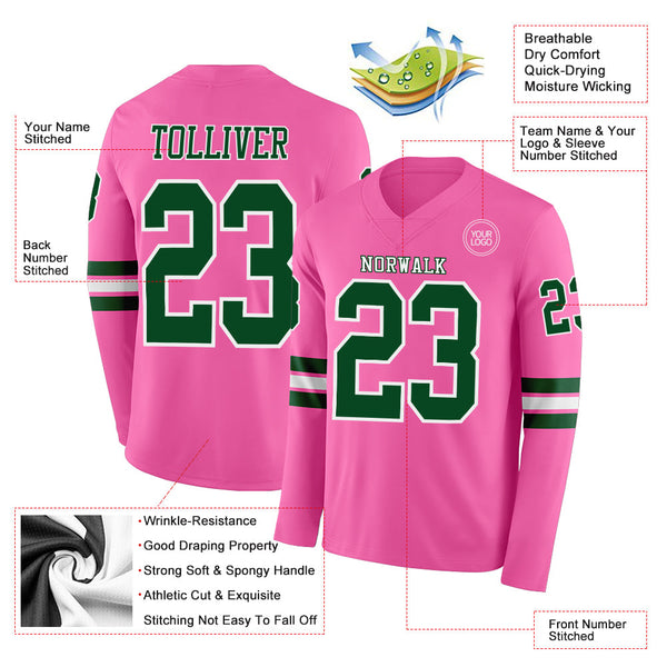 Custom Pink Green-White Long Sleeve Authentic Football Jersey alternate