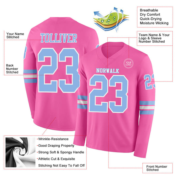 Custom Pink Light Blue-White Long Sleeve Authentic Football Jersey alternate