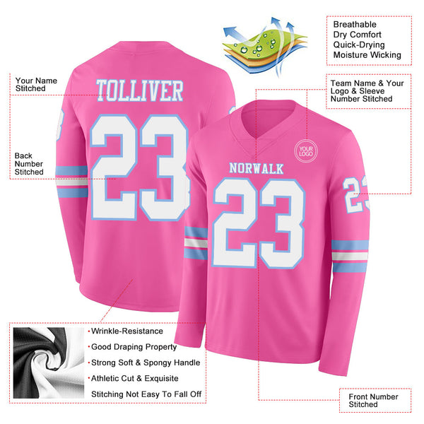 Custom Pink White-Light Blue Long Sleeve Authentic Football Jersey alternate