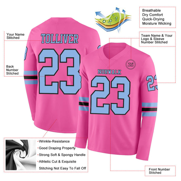 Custom Pink Light Blue-Black Long Sleeve Authentic Football Jersey alternate