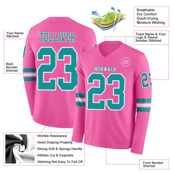 Custom Pink Teal-White Long Sleeve Authentic Football Jersey alternate