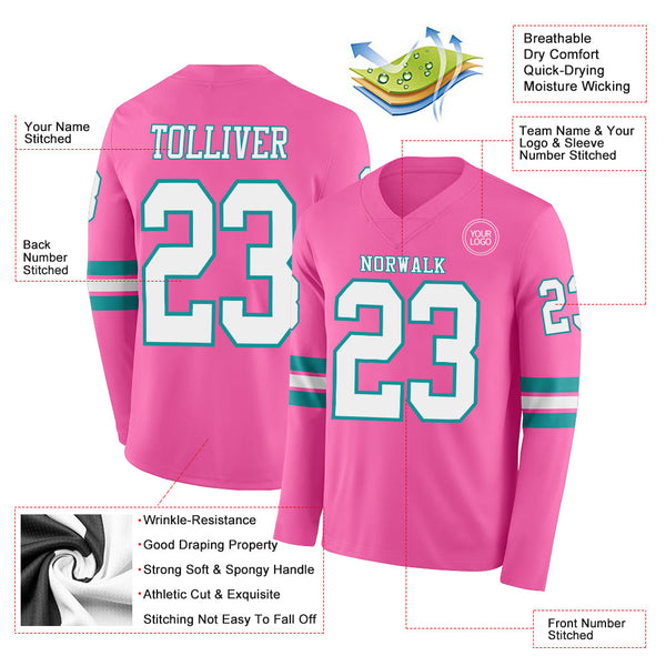 Custom Pink White-Teal Long Sleeve Authentic Football Jersey alternate