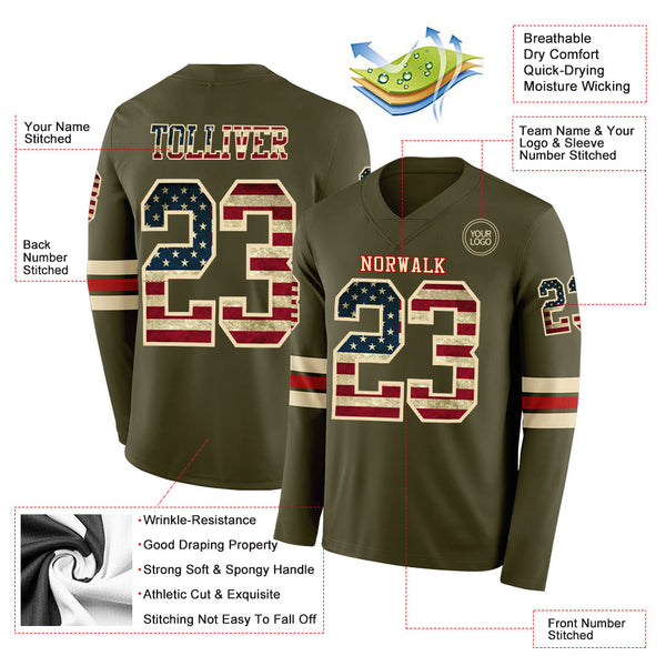 Custom Olive Vintage USA Flag Cream-Red Long Sleeve Salute To Service Authentic Football Jersey alternate