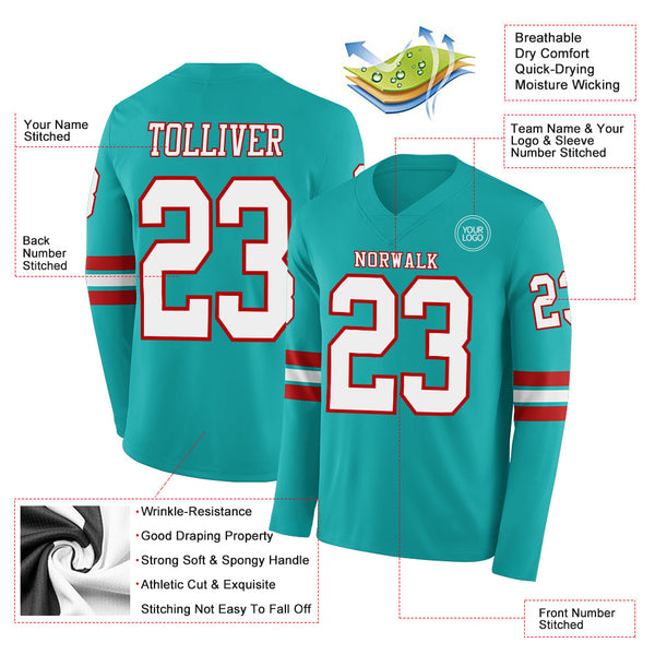 Custom Aqua White-Red Long Sleeve Authentic Football Jersey alternate