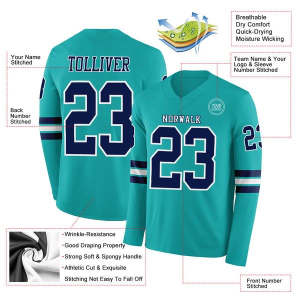 Custom Aqua Navy-White Long Sleeve Authentic Football Jersey alternate
