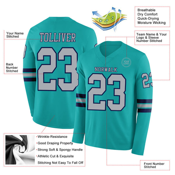Custom Aqua Gray-Navy Long Sleeve Authentic Football Jersey alternate