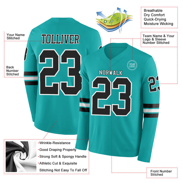 Custom Aqua Black-White Long Sleeve Authentic Football Jersey alternate