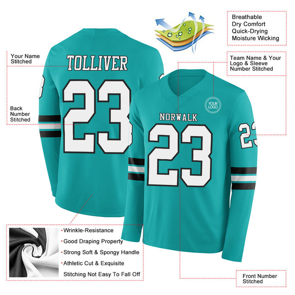 Custom Aqua White-Black Long Sleeve Authentic Football Jersey alternate
